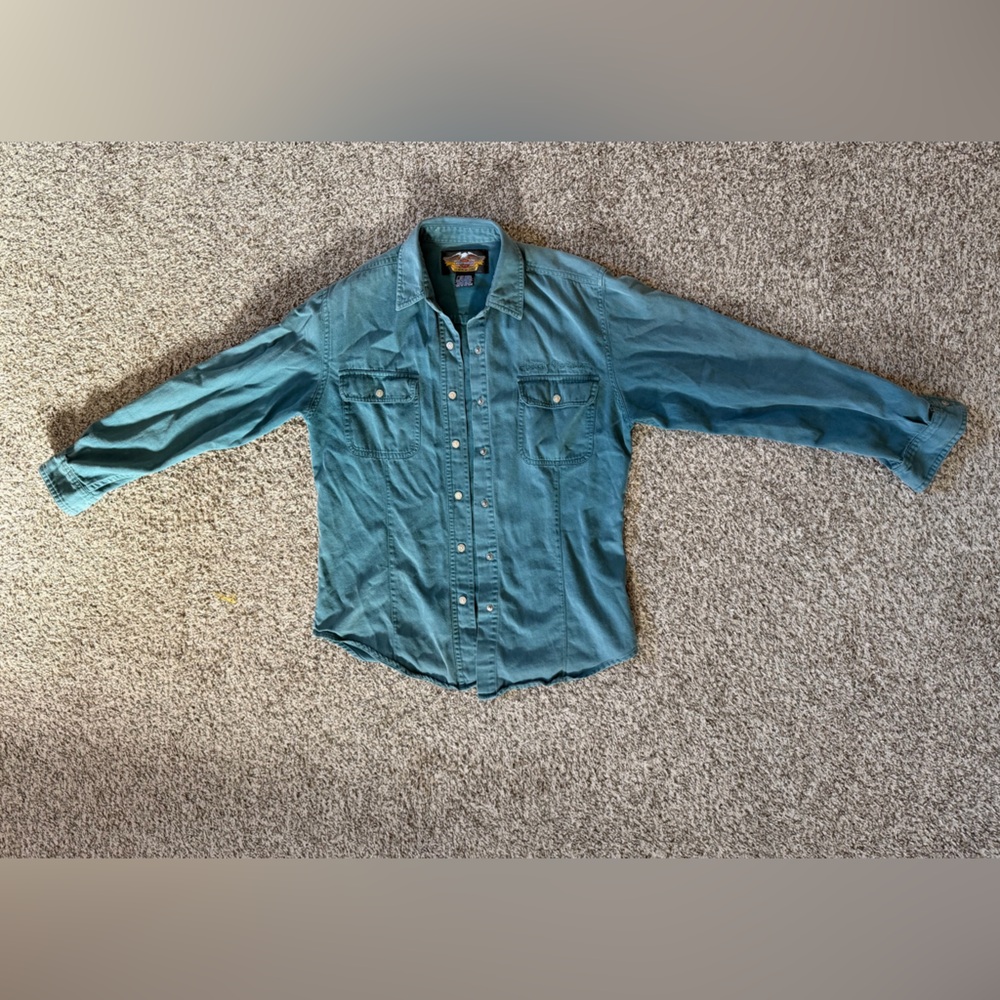 Vintage Teal Harley Davidson Button-Up Shirt / size Medium